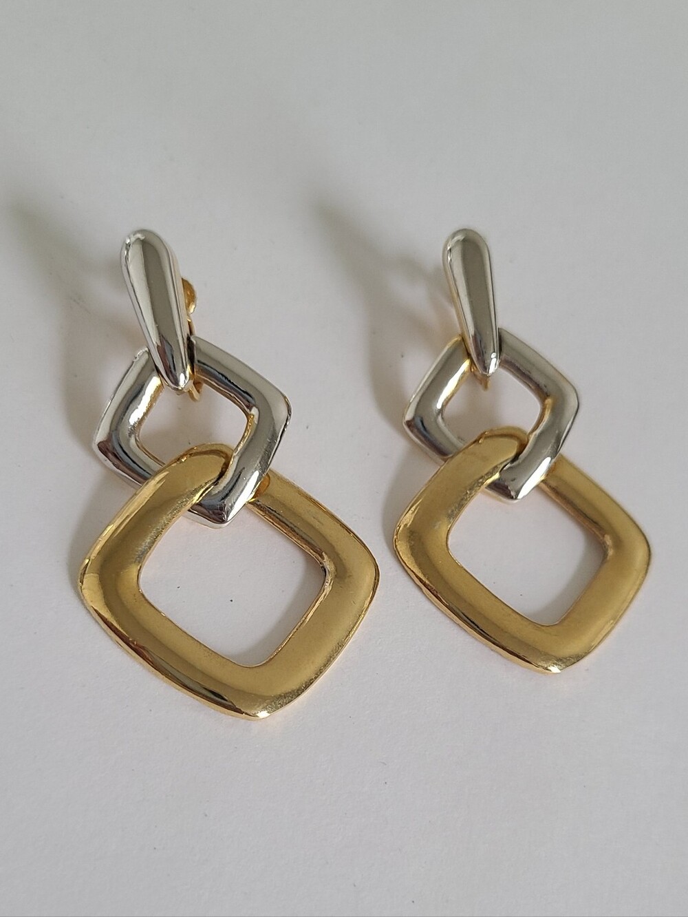 Vintage Silver Gold Two Tone Metallic Geometric Drop Dangle Clip On Earrings